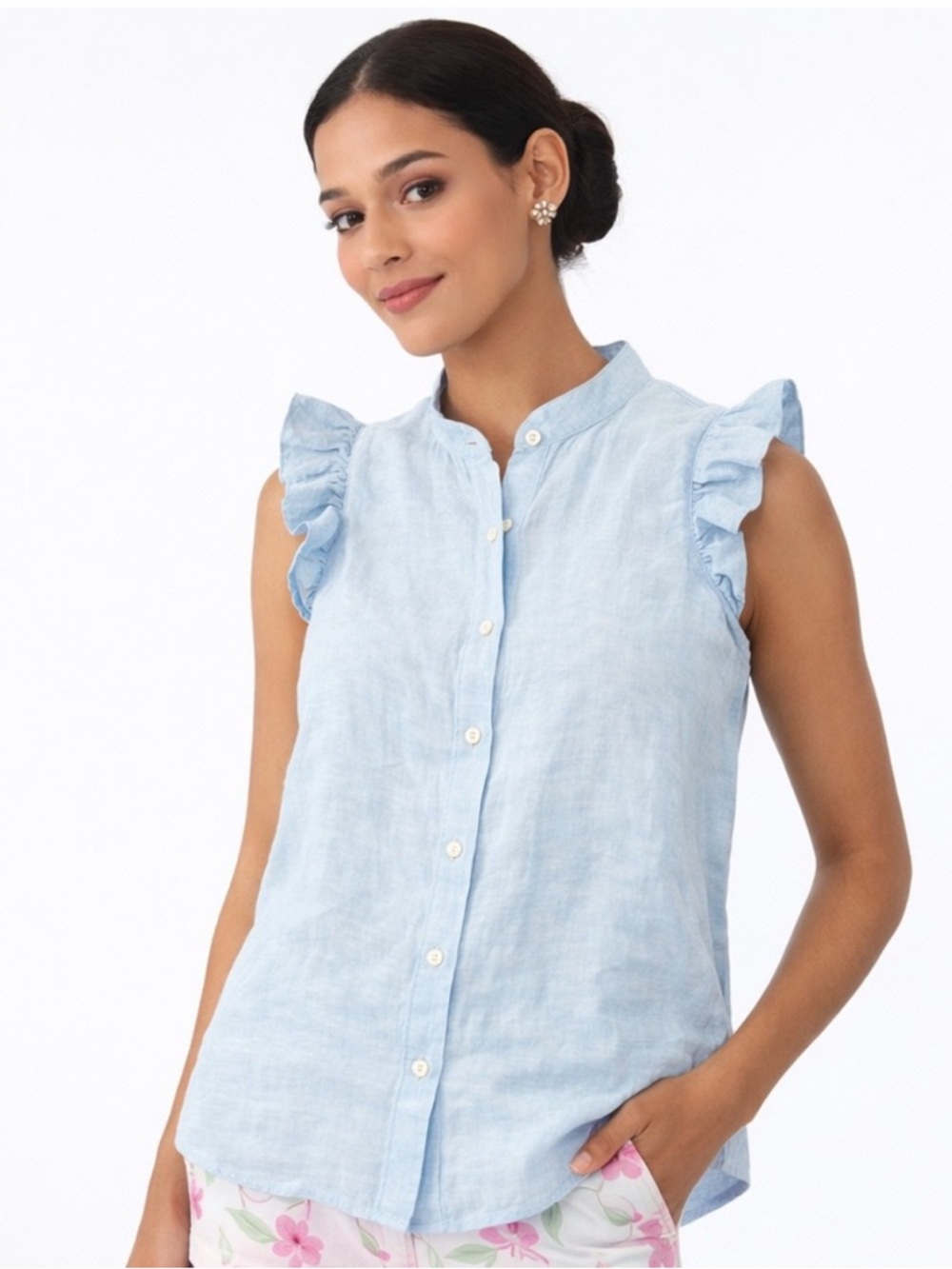 NWT Lilly Pulitzer Briette Blue Linen Button Down Shirt Size Large